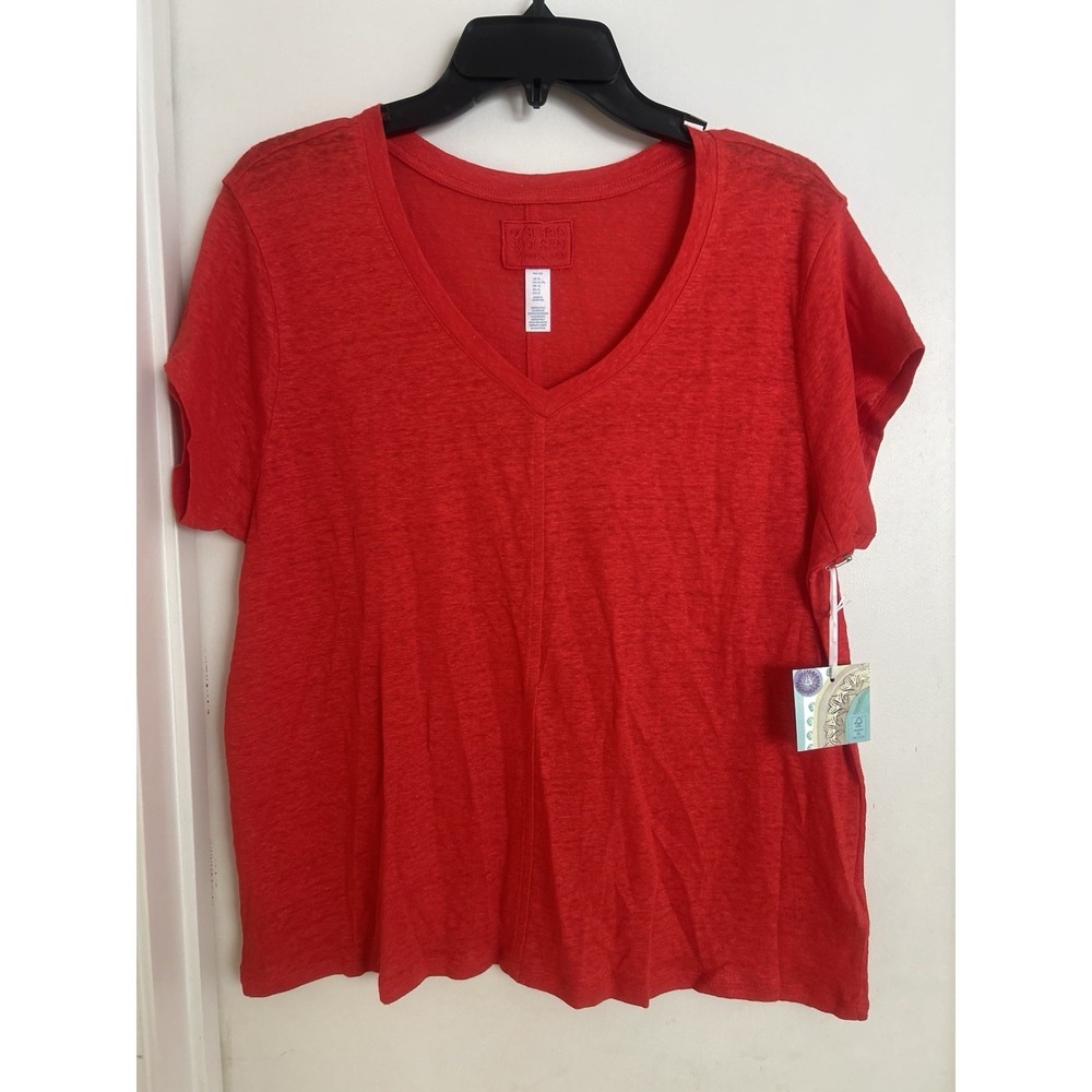 Singrid Olsen Women's 100% Linen Red Short Sleeve Shirt Size XL